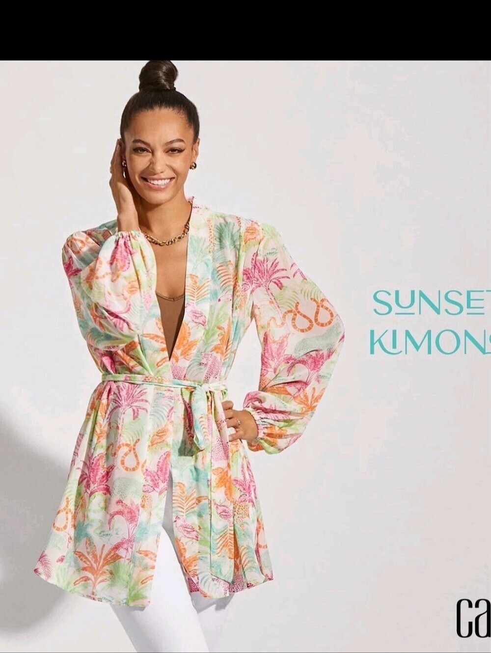 Cabi Sunset Kimono Wrap Womens Size M Tropical Jungle Print Belted Sheer #6185